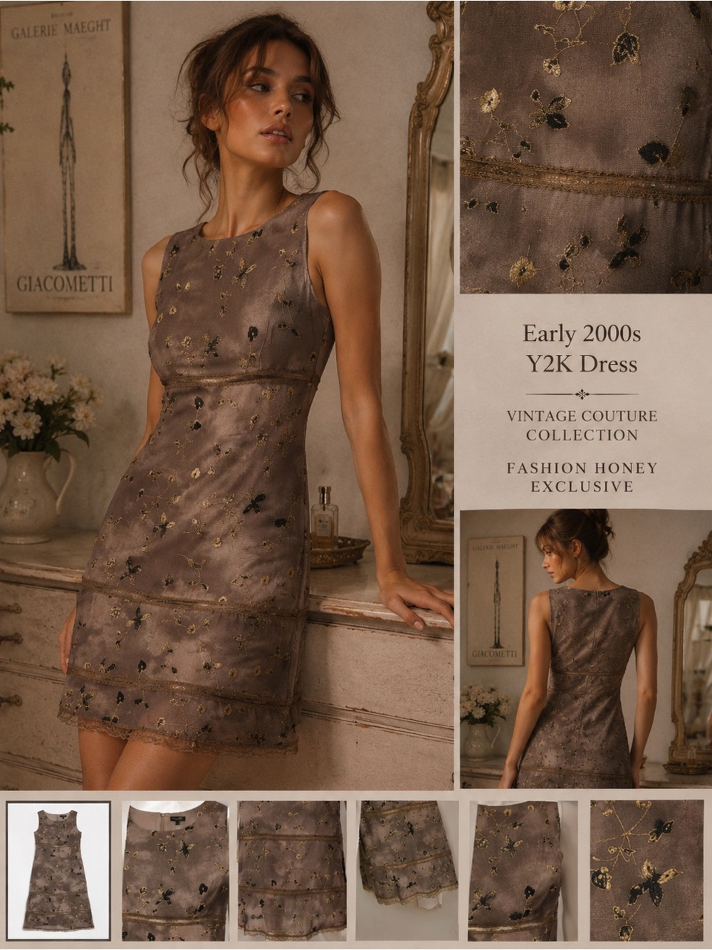 VTG Y2K HYPE Mini Dress Women Petite Brown Sleeveless A-line Boho Grunge